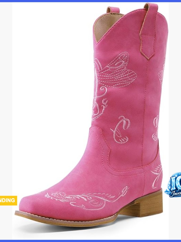 Square Toe Cowboy Boots Pull On Chunky Heel Embroidered Faux Leather